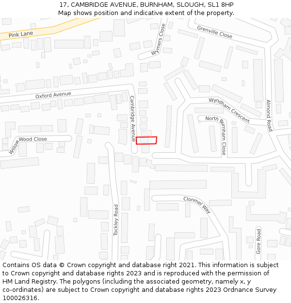 17, CAMBRIDGE AVENUE, BURNHAM, SLOUGH, SL1 8HP: Location map and indicative extent of plot