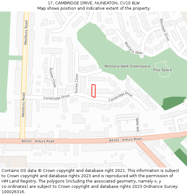 17, CAMBRIDGE DRIVE, NUNEATON, CV10 8LW: Location map and indicative extent of plot