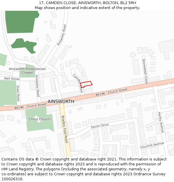 17, CAMDEN CLOSE, AINSWORTH, BOLTON, BL2 5RH: Location map and indicative extent of plot