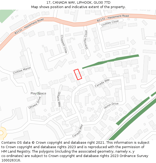 17, CANADA WAY, LIPHOOK, GU30 7TD: Location map and indicative extent of plot
