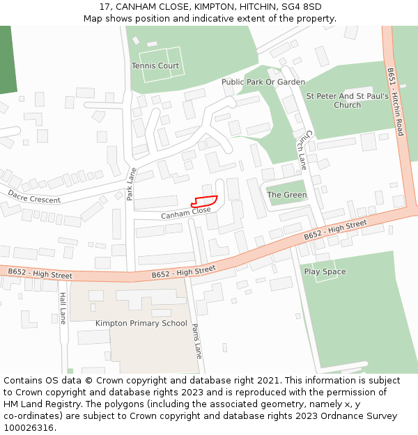 17, CANHAM CLOSE, KIMPTON, HITCHIN, SG4 8SD: Location map and indicative extent of plot