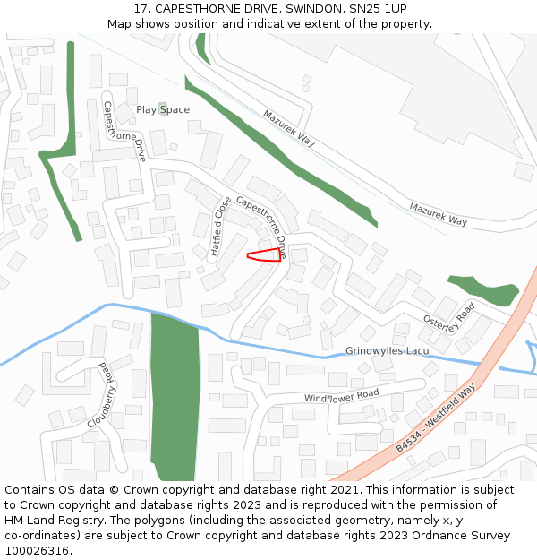 17, CAPESTHORNE DRIVE, SWINDON, SN25 1UP: Location map and indicative extent of plot