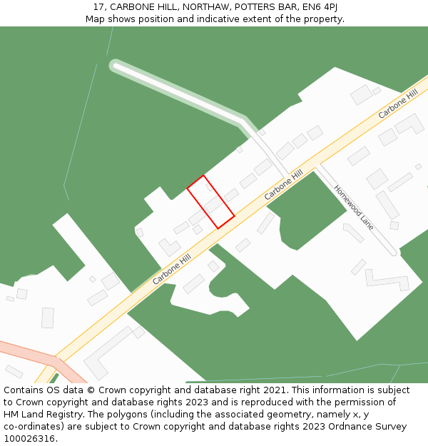 17, CARBONE HILL, NORTHAW, POTTERS BAR, EN6 4PJ: Location map and indicative extent of plot