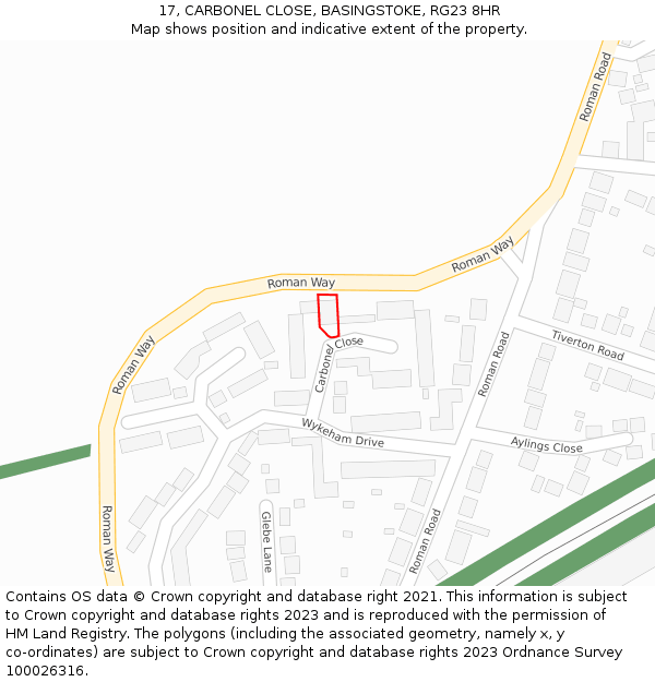 17, CARBONEL CLOSE, BASINGSTOKE, RG23 8HR: Location map and indicative extent of plot