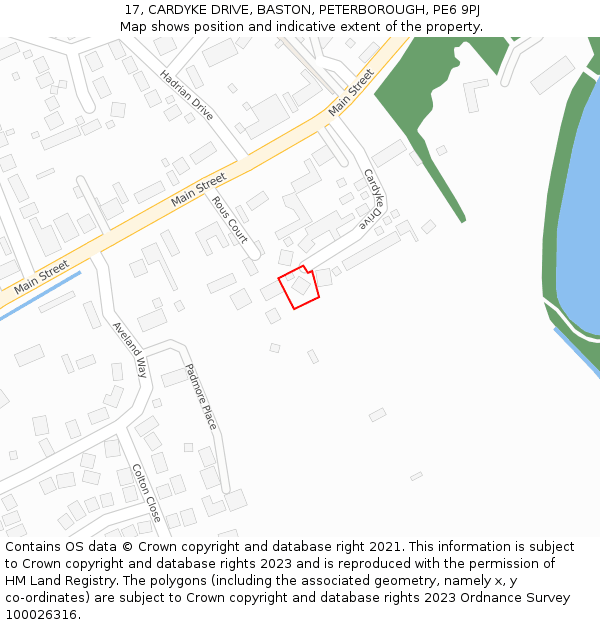 17, CARDYKE DRIVE, BASTON, PETERBOROUGH, PE6 9PJ: Location map and indicative extent of plot