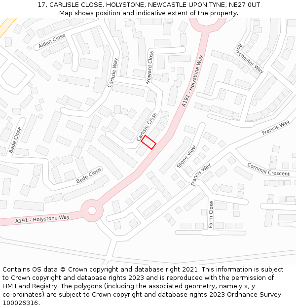 17, CARLISLE CLOSE, HOLYSTONE, NEWCASTLE UPON TYNE, NE27 0UT: Location map and indicative extent of plot