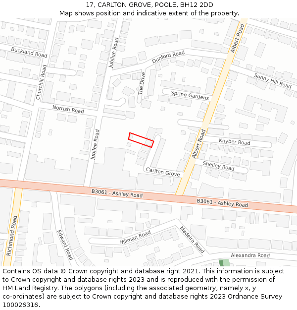 17, CARLTON GROVE, POOLE, BH12 2DD: Location map and indicative extent of plot