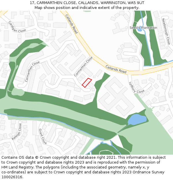 17, CARMARTHEN CLOSE, CALLANDS, WARRINGTON, WA5 9UT: Location map and indicative extent of plot