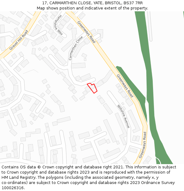 17, CARMARTHEN CLOSE, YATE, BRISTOL, BS37 7RR: Location map and indicative extent of plot