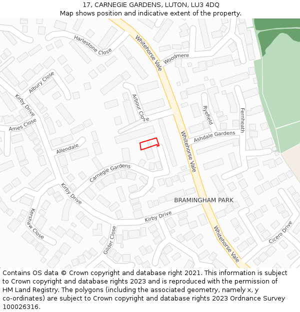 17, CARNEGIE GARDENS, LUTON, LU3 4DQ: Location map and indicative extent of plot
