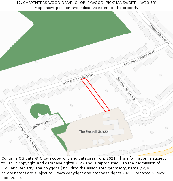 17, CARPENTERS WOOD DRIVE, CHORLEYWOOD, RICKMANSWORTH, WD3 5RN: Location map and indicative extent of plot