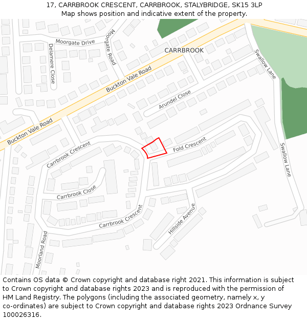 17, CARRBROOK CRESCENT, CARRBROOK, STALYBRIDGE, SK15 3LP: Location map and indicative extent of plot