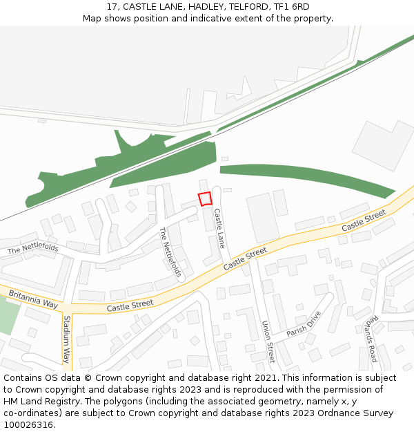 17, CASTLE LANE, HADLEY, TELFORD, TF1 6RD: Location map and indicative extent of plot