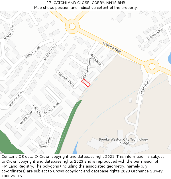 17, CATCHLAND CLOSE, CORBY, NN18 8NR: Location map and indicative extent of plot