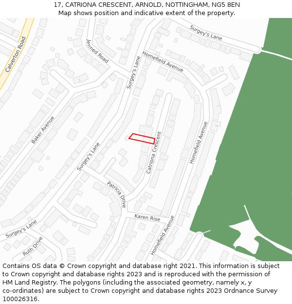 17, CATRIONA CRESCENT, ARNOLD, NOTTINGHAM, NG5 8EN: Location map and indicative extent of plot