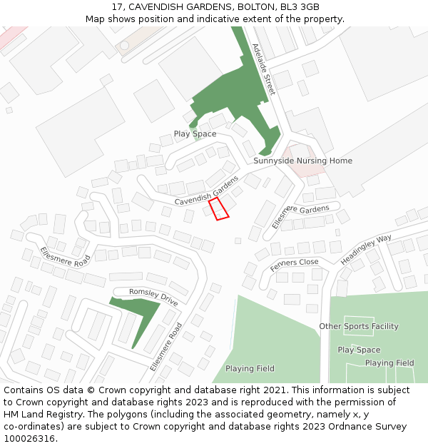 17, CAVENDISH GARDENS, BOLTON, BL3 3GB: Location map and indicative extent of plot