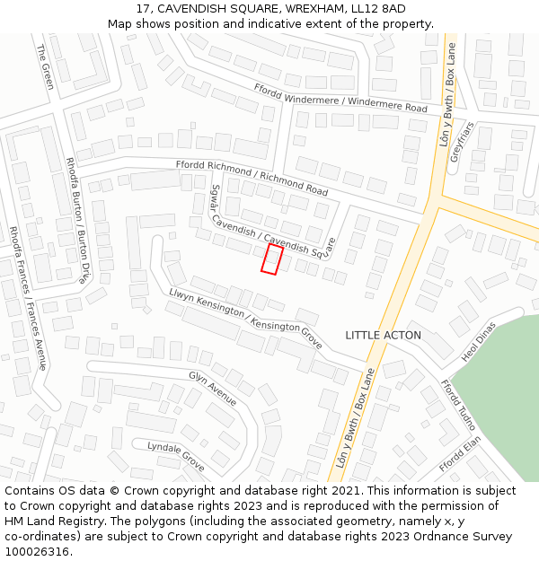 17, CAVENDISH SQUARE, WREXHAM, LL12 8AD: Location map and indicative extent of plot