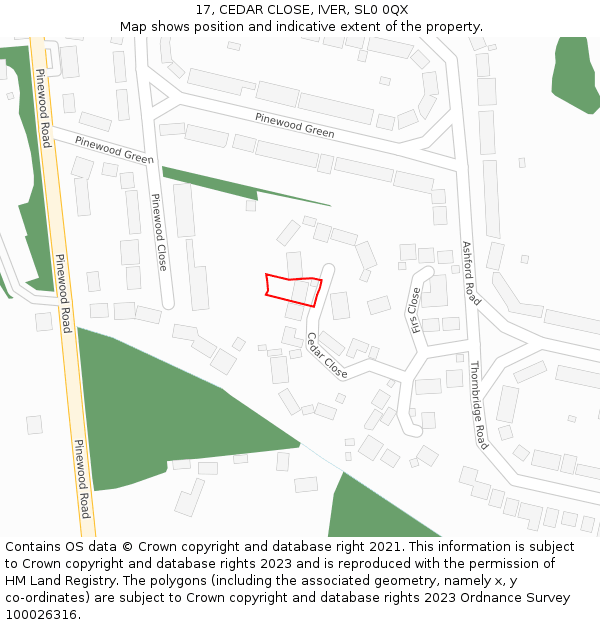 17, CEDAR CLOSE, IVER, SL0 0QX: Location map and indicative extent of plot