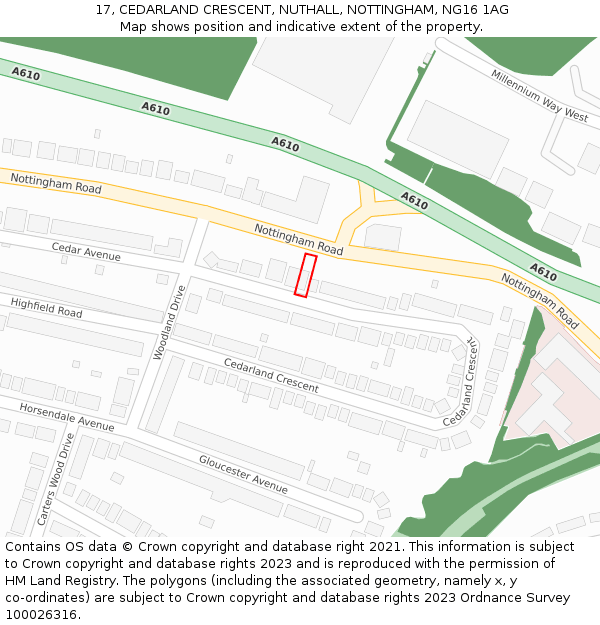 17, CEDARLAND CRESCENT, NUTHALL, NOTTINGHAM, NG16 1AG: Location map and indicative extent of plot