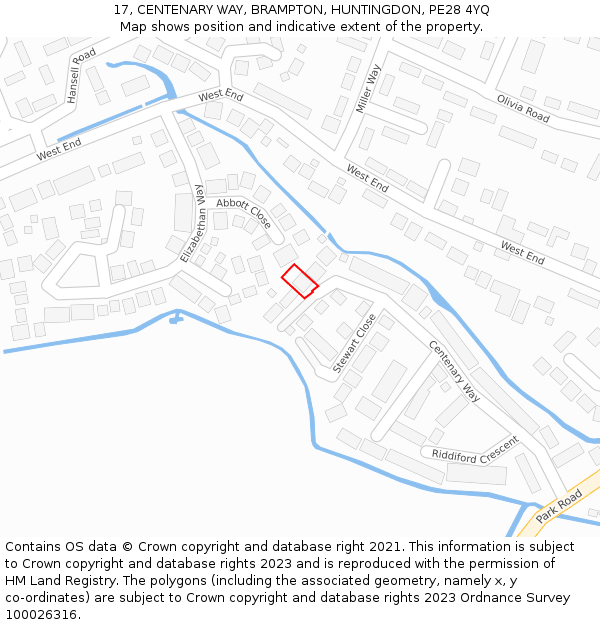 17, CENTENARY WAY, BRAMPTON, HUNTINGDON, PE28 4YQ: Location map and indicative extent of plot