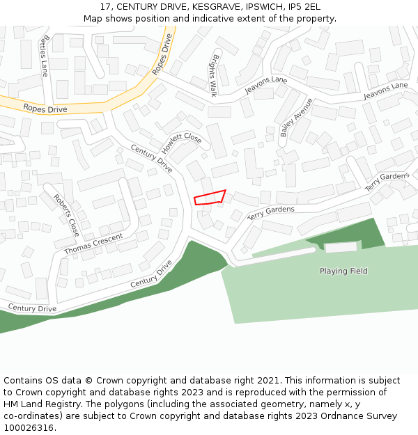 17, CENTURY DRIVE, KESGRAVE, IPSWICH, IP5 2EL: Location map and indicative extent of plot