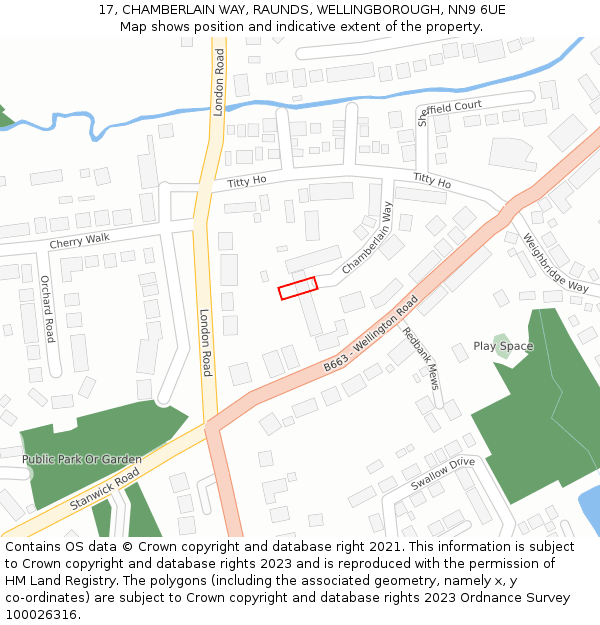 17, CHAMBERLAIN WAY, RAUNDS, WELLINGBOROUGH, NN9 6UE: Location map and indicative extent of plot