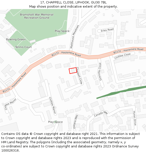 17, CHAPPELL CLOSE, LIPHOOK, GU30 7BL: Location map and indicative extent of plot