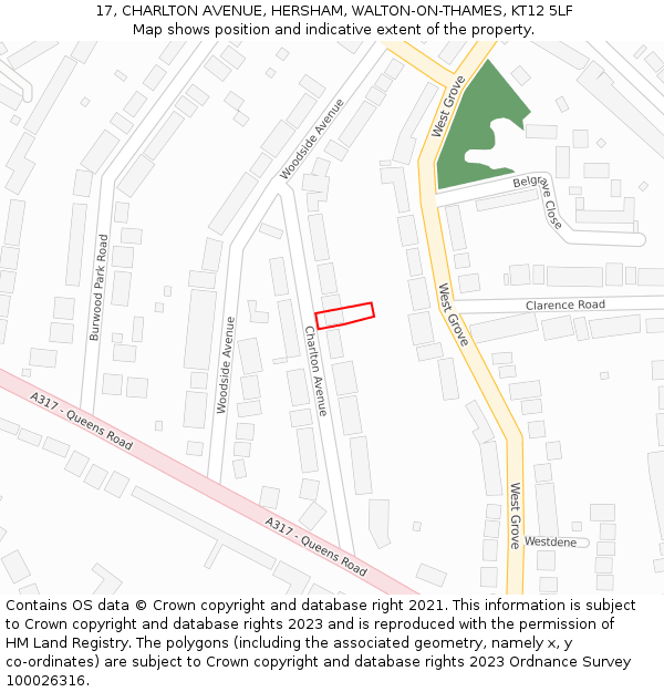 17, CHARLTON AVENUE, HERSHAM, WALTON-ON-THAMES, KT12 5LF: Location map and indicative extent of plot