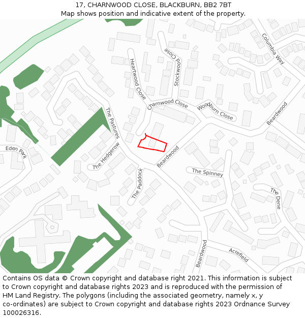 17, CHARNWOOD CLOSE, BLACKBURN, BB2 7BT: Location map and indicative extent of plot