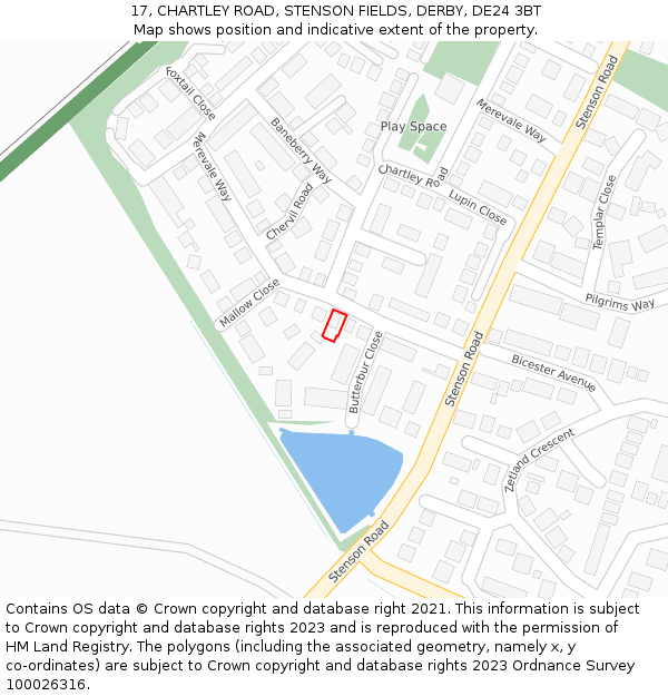17, CHARTLEY ROAD, STENSON FIELDS, DERBY, DE24 3BT: Location map and indicative extent of plot