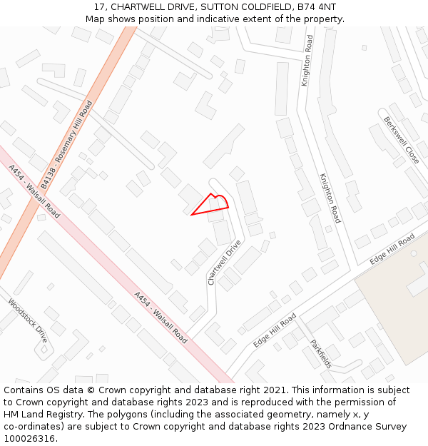 17, CHARTWELL DRIVE, SUTTON COLDFIELD, B74 4NT: Location map and indicative extent of plot