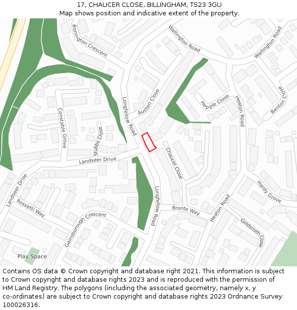 17, CHAUCER CLOSE, BILLINGHAM, TS23 3GU: Location map and indicative extent of plot