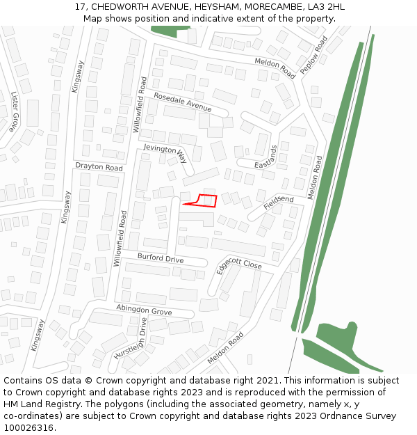 17, CHEDWORTH AVENUE, HEYSHAM, MORECAMBE, LA3 2HL: Location map and indicative extent of plot