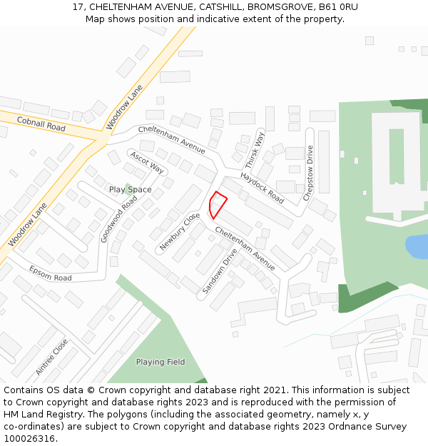 17, CHELTENHAM AVENUE, CATSHILL, BROMSGROVE, B61 0RU: Location map and indicative extent of plot