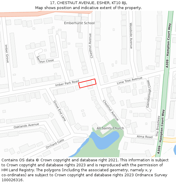 17, CHESTNUT AVENUE, ESHER, KT10 8JL: Location map and indicative extent of plot