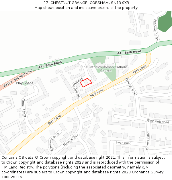 17, CHESTNUT GRANGE, CORSHAM, SN13 9XR: Location map and indicative extent of plot