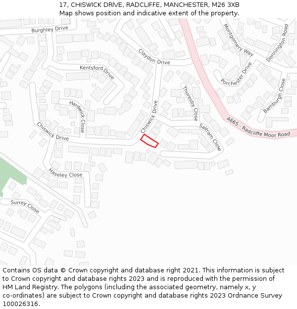 17, CHISWICK DRIVE, RADCLIFFE, MANCHESTER, M26 3XB: Location map and indicative extent of plot