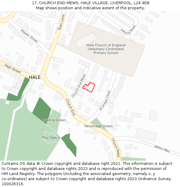 17, CHURCH END MEWS, HALE VILLAGE, LIVERPOOL, L24 4EB: Location map and indicative extent of plot