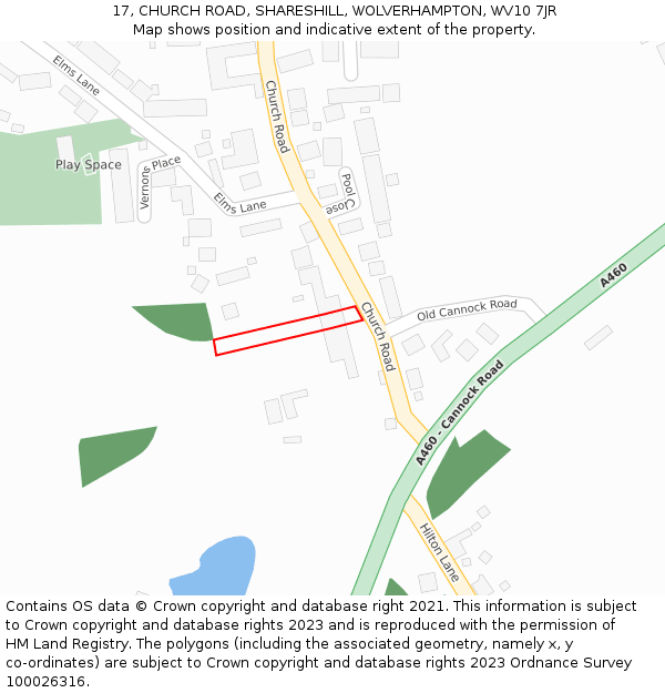 17, CHURCH ROAD, SHARESHILL, WOLVERHAMPTON, WV10 7JR: Location map and indicative extent of plot