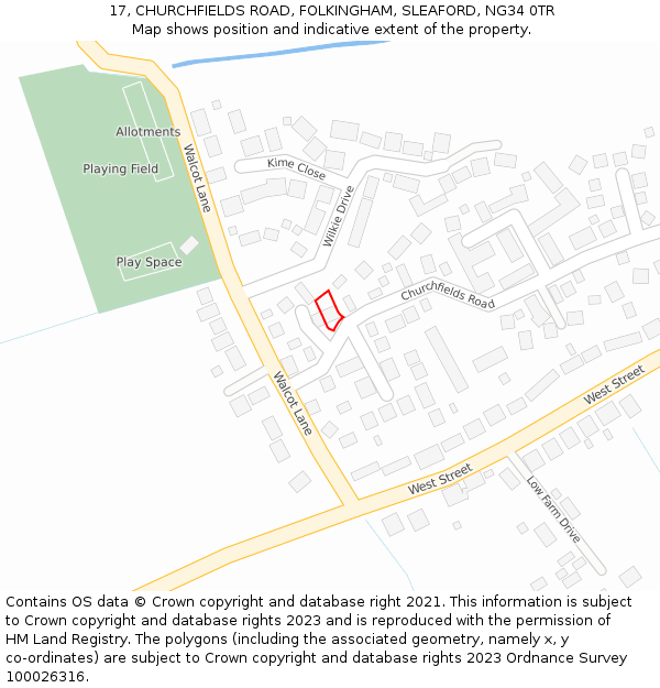 17, CHURCHFIELDS ROAD, FOLKINGHAM, SLEAFORD, NG34 0TR: Location map and indicative extent of plot