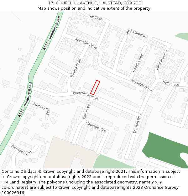 17, CHURCHILL AVENUE, HALSTEAD, CO9 2BE: Location map and indicative extent of plot