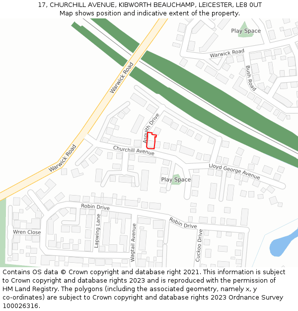 17, CHURCHILL AVENUE, KIBWORTH BEAUCHAMP, LEICESTER, LE8 0UT: Location map and indicative extent of plot