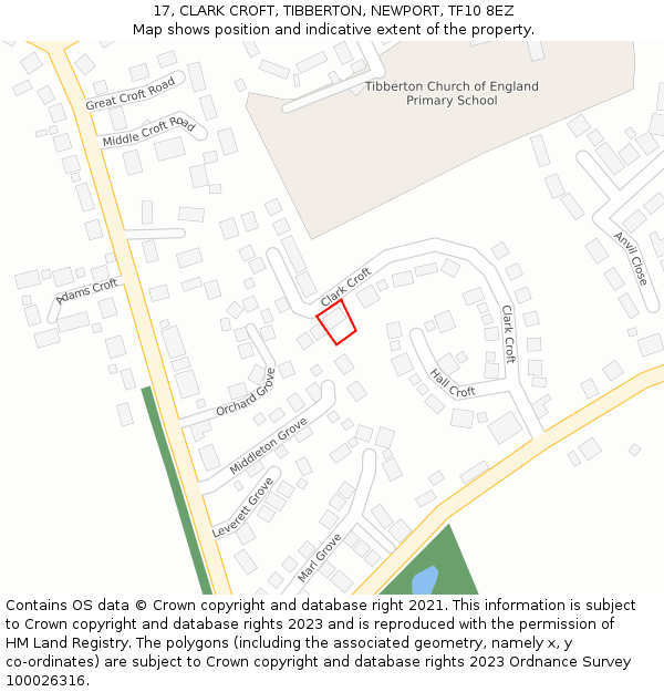 17, CLARK CROFT, TIBBERTON, NEWPORT, TF10 8EZ: Location map and indicative extent of plot
