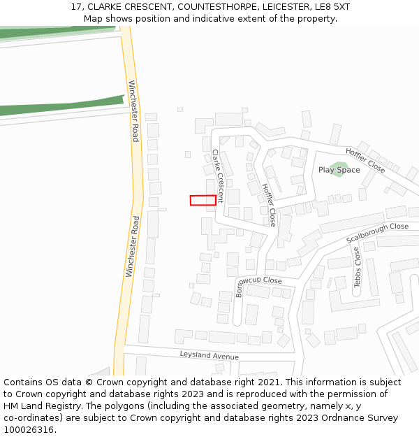 17, CLARKE CRESCENT, COUNTESTHORPE, LEICESTER, LE8 5XT: Location map and indicative extent of plot