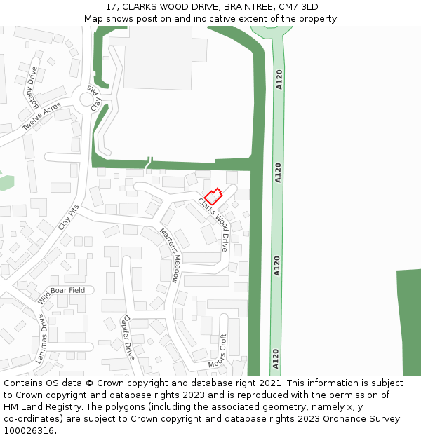 17, CLARKS WOOD DRIVE, BRAINTREE, CM7 3LD: Location map and indicative extent of plot