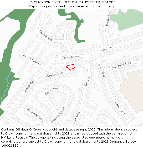 17, CLARKSON CLOSE, DENTON, MANCHESTER, M34 2DS: Location map and indicative extent of plot
