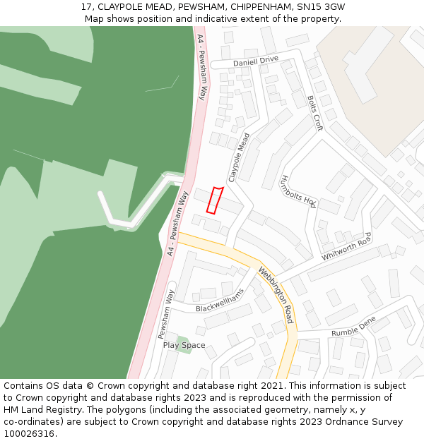 17, CLAYPOLE MEAD, PEWSHAM, CHIPPENHAM, SN15 3GW: Location map and indicative extent of plot