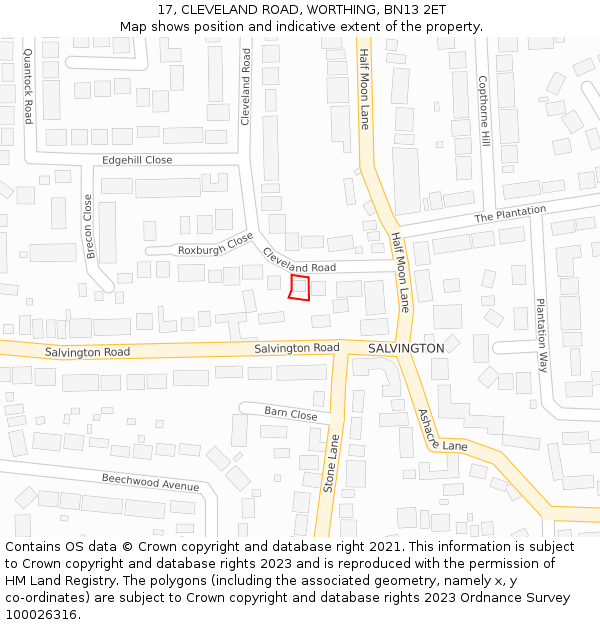 17, CLEVELAND ROAD, WORTHING, BN13 2ET: Location map and indicative extent of plot