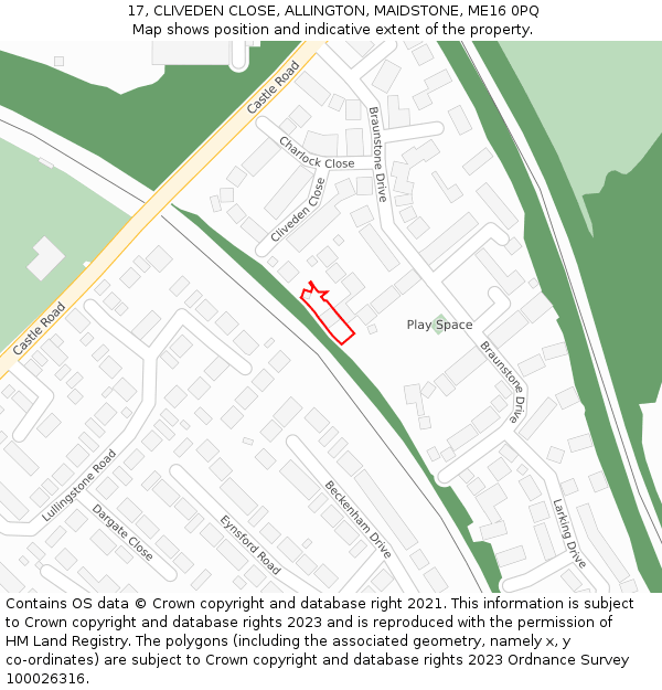 17, CLIVEDEN CLOSE, ALLINGTON, MAIDSTONE, ME16 0PQ: Location map and indicative extent of plot