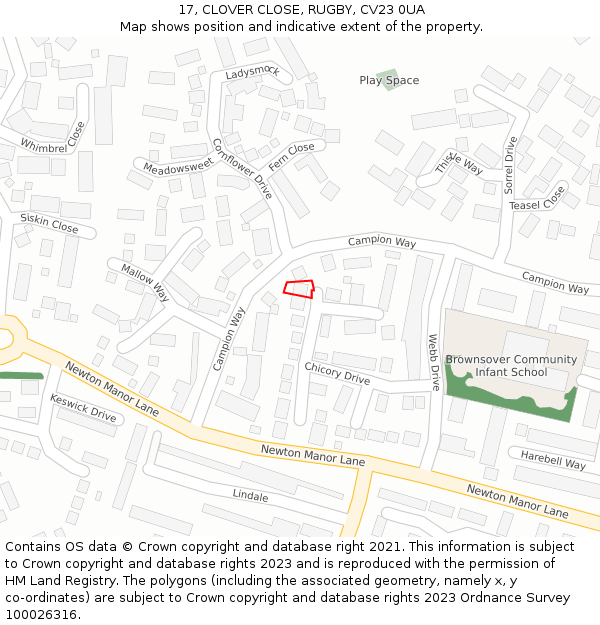 17, CLOVER CLOSE, RUGBY, CV23 0UA: Location map and indicative extent of plot